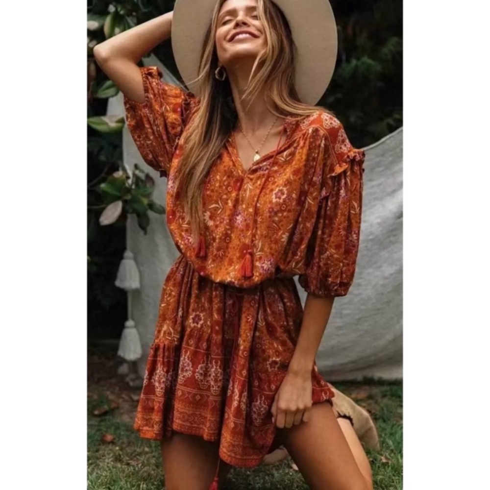 Rust Floral Boho Ruffle 3/4 Sleeve Mini Dress - Picture 1 of 9